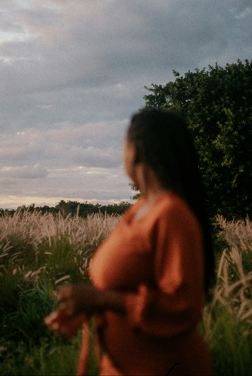 Woman in an orange dress standing in tall grass at dusk, looking out at the evening sky